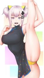 Rule 34 | 1girl, :d, alternate costume, alternate hairstyle, black dress, blue eyes, breasts, cameltoe, china dress, chinese clothes, covered erect nipples, dress, flexible, ginhaha, hair bun, hair ornament, heart, heart-shaped pupils, kaguya luna, kneepits, large breasts, leg up, looking at viewer, open mouth, panties, partially visible vulva, silver hair, single hair bun, smile, solo, split, standing, standing on one leg, standing split, symbol-shaped pupils, the moon studio, underwear, virtual youtuber, yellow panties