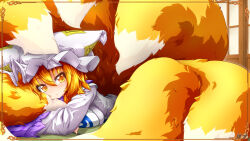 Rule 34 | 1girl, :/, absurdres, animal ears, blonde hair, blue tabard, breasts, closed mouth, commentary request, dress, expressionless, fox ears, fox tail, frills, hair between eyes, hat, highres, hugging own tail, hugging tail, indoors, kazami karasu, large breasts, looking at viewer, lying, mob cap, multiple tails, on stomach, solo, tabard, tail, touhou, white dress, yakumo ran, yellow eyes
