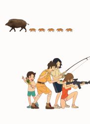 Rule 34 | 1boy, 3girls, absurdres, assault rifle, belt, black hair, breasts, brown hair, cleavage, commentary request, family, father (yurusaba), father and daughter, fishing rod, food, full body, glasses, gun, highres, kneeling, momo (yurusaba), multiple girls, official art, on one knee, open mouth, panties, pig, piglet, plate, pointing weapon, rifle, rin (yurusaba), sandals, sekiguchi taro, shoes, shorts, siblings, simple background, sisters, sneakers, standing, tank top, tsumugi (yurusaba), underwear, weapon, white background, yurusaba.
