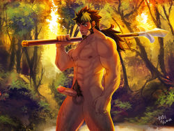 Rule 34 | 1boy, abs, bad id, bad pixiv id, bara, blush, character request, chest hair, completely nude, erection, excessive pubic hair, facial hair, feet out of frame, forest, goatee, holding, holding polearm, holding spear, holding weapon, long hair, long sideburns, lrpanda00, male focus, male pubic hair, mature male, muscular, muscular male, nature, navel, navel hair, nipples, nude, over shoulder, parted lips, pectorals, penis, polearm, pubic hair, sangokushi puzzle taisen, sideburns, solo, spear, stomach, sunset, sweat, thick thighs, thighs, trident, uncensored, weapon, weapon over shoulder