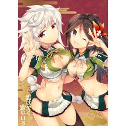 Rule 34 | 10s, 2girls, amagi (kancolle), ariko youichi, asymmetrical hair, bad id, bad twitter id, braid, breasts, brown eyes, brown hair, brown legwear, cleavage, cleavage cutout, clothing cutout, cloud print, crop top, flower, green legwear, hair between eyes, hair flower, hair ornament, hand on another&#039;s hip, inactive account, jitome, kantai collection, large breasts, long hair, looking at viewer, midriff, miniskirt, mole, mole under eye, multiple girls, navel, one eye closed, open mouth, pleated skirt, ponytail, silver hair, single braid, skirt, standing, standing on one leg, thighhighs, unryuu (kancolle), v, v over eye, very long hair, yellow eyes, zettai ryouiki