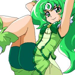 Rule 34 | 10s, 1girl, armpits, arms up, bike shorts, bike shorts under skirt, bow, brooch, circlet, cure march, green bow, green eyes, green hair, green shorts, green skirt, green theme, jaggy lines, jewelry, long hair, looking at viewer, lowres, magical girl, matching hair/eyes, midorikawa nao, oekaki, precure, shoes, shorts, shorts under skirt, simple background, skirt, smile, smile precure!, solo, uraki, white background