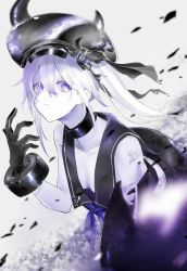 Rule 34 | absurdres, abyssal ship, aoyashio rin, black sailor collar, breasts, colored skin, destroyer princess, fake horns, gloves, highres, horned headwear, horns, kantai collection, neckerchief, purple eyes, sailor collar, school uniform, serafuku, side ponytail, sleeveless, small breasts, white hair, white skin