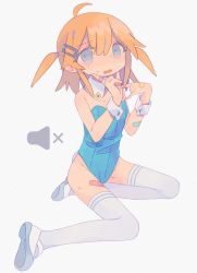 Rule 34 | 1girl, ahoge, bandaid, bandaid on arm, bandaid on hand, bandaid on leg, bare arms, blonde hair, blue eyes, blue leotard, d:, daizu (melon-lemon), detached collar, from side, full body, furrowed brow, gradient eyes, grey background, groin, hair between eyes, hair ornament, hairpin, hands up, highres, index finger raised, leotard, looking at viewer, m/, multicolored eyes, muted color, nervous, no nose, open mouth, original, parted lips, playboy bunny, rabbit tail, shoe soles, shoes, short hair, simple background, sitting, solo, strapless, strapless leotard, sweat, tail, tareme, tears, thighhighs, two side up, uwabaki, volume symbol, white footwear, white thighhighs, wrist cuffs, yokozuwari