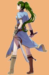 Rule 34 | 1girl, bad id, bad pixiv id, belt, blue eyes, boots, earrings, fingerless gloves, fire emblem, fire emblem: the blazing blade, full body, fumi (3946033), gloves, green hair, high ponytail, jewelry, long hair, looking back, lyn (fire emblem), nintendo, orange background, outline, ponytail, sheath, simple background, solo, sword, very long hair, weapon