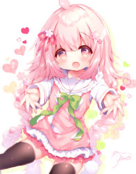 Rule 34 | 1girl, ahoge, blush, bow, braid, commentary request, copyright request, dress, feet out of frame, flower, frilled dress, frilled sailor collar, frills, green bow, hair bow, hair flower, hair ornament, haru ichigo, heart, highres, long hair, long sleeves, looking at viewer, open mouth, pink dress, pink hair, purple flower, red bow, red eyes, sailor collar, sailor dress, signature, sleeveless, sleeveless dress, solo, thighhighs, twin braids, very long hair, virtual youtuber, white background, white flower, white sailor collar