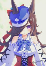 Rule 34 | 1girl, animal ears, bare shoulders, blush, breasts, clothing cutout, commentary request, corset, cosplay, detached sleeves, ears through headwear, hat, highres, horse ears, horse girl, long hair, looking at viewer, matikane tannhauser (umamusume), matikane tannhauser (umamusume) (cosplay), open mouth, portrait, purple eyes, ribbon, rice shower (umamusume), shoulder cutout, simple background, small breasts, solo, takoyaki (takoyaki draw), twitter username, umamusume, white background