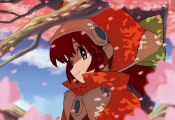 Rule 34 | 1girl, blue eyes, bow, brown hair, cape, cherry blossoms, closed mouth, flower, hat, highres, long hair, looking at viewer, marguerite fatima, orange hat, piko han, smile, solo, tree, xenogears