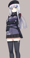 Rule 34 | 1girl, beret, black hat, black thighhighs, facial mark, girls&#039; frontline, goggles, goggles around neck, green eyes, grey background, hair ornament, hat, hk416 (girls&#039; frontline), jacket, long hair, long sleeves, looking at viewer, miniskirt, pleated skirt, sheath, sheathed, sidelocks, silver hair, simple background, skirt, solo, standing, thighhighs, yakob labo