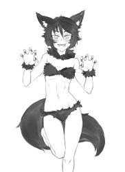 Rule 34 | 1girl, :d, animal ears, bare shoulders, blush, claw pose, commentary, english commentary, fang, fingernails, fox ears, fox tail, freckles, fur bikini, fur collar, gluteal fold, greyscale, halloween, halloween costume, looking at viewer, mari (twrlare), monochrome, navel, open mouth, original, sharp fingernails, short hair, simple background, smile, solo, standing, standing on one leg, stomach, tail, thigh gap, twrlare, v-shaped eyebrows