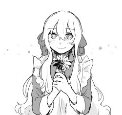 Rule 34 | 1girl, apron, bow, bright pupils, closed mouth, collared dress, commentary request, double-parted bangs, dress, flower, frilled apron, frills, greyscale, hair between eyes, hair bow, holding, holding flower, kagerou project, kozakura marry, looking at viewer, monochrome, own hands together, partial commentary, simple background, sketch, sleeves past elbows, smile, straight-on, upper body, wastegoma, wavy hair