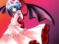 Rule 34 | 1girl, ascot, bat wings, blouse, blue hair, blush, bow, collared shirt, dress, frilled dress, frilled shirt, frilled skirt, frills, gradient background, hat, hat bow, junior27016, large bow, layered dress, looking at viewer, mob cap, multicolored background, pink dress, pink eyes, pink shirt, pointy ears, remilia scarlet, ribbon, shirt, short sleeves, skirt, skirt set, smile, solo, standing, touhou, wings