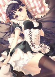 Rule 34 | 1girl, arched back, ass, black eyes, black hair, black thighhighs, bloomers, blush, breasts, frilled pillow, frills, highres, hisakawa haru, long hair, looking at viewer, lying, maid, maid headdress, original, pillow, solo, thighhighs, thighs, underwear, white bloomers