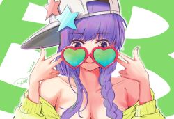 Rule 34 | 1girl, :p, adjusting eyewear, adjusting glasses, asymmetrical hair, bare shoulders, baseball cap, bb (fate), bb (fate) (all), bb (swimsuit mooncancer) (fate), bb (swimsuit mooncancer) (first ascension) (fate), blue-tinted eyewear, blue-tinted glasses, braid, breasts, character name, cleavage, collarbone, commentary request, dated, fate/grand order, fate (series), glasses, green-tinted eyewear, green-tinted glasses, gurifu, hat, hat ornament, heart, heart-shaped eyewear, heart-shaped glasses, heart-shaped sunglasses, large breasts, long hair, looking over eyewear, looking over glasses, off shoulder, purple eyes, purple hair, side braid, sideways hat, signature, single sidelock, solo, star (symbol), star hat ornament, sunglasses, tinted eyewear, tongue, tongue out, w