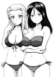 Rule 34 | 2girls, arms under breasts, bandeau, bikini, black hair, blush, breasts, clara (girls und panzer), cleavage, crossed arms, front-tie bikini top, front-tie top, girls und panzer, greyscale, groin, hand on own face, inoshira, large breasts, long hair, looking at viewer, monochrome, multiple girls, navel, nonna (girls und panzer), side-tie bikini bottom, smile, swimsuit, white hair