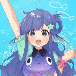 Rule 34 | 1girl, :d, ahoge, arm up, asari nanami, blue background, blue eyes, blue hair, blue shirt, blunt bangs, blush, clenched hand, collared shirt, dot nose, eyelashes, fins, fish, fish costume, frilled sleeves, frills, half updo, head fins, idolmaster, idolmaster cinderella girls, idolmaster cinderella girls starlight stage, koishiriver, long hair, looking at viewer, open mouth, polka dot, polka dot background, polka dot shirt, puffy short sleeves, puffy sleeves, round teeth, scrunchie, shirt, short sleeves, sidelocks, smile, solo, sparkle, starfish hair ornament, swept bangs, tareme, teeth, upper body, very long hair, wrist scrunchie