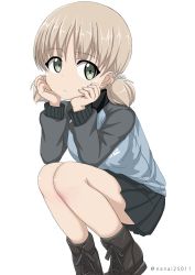 Rule 34 | 10s, 1girl, aki (girls und panzer), ankle boots, blue footwear, blue jacket, blue skirt, boots, closed mouth, commentary, cross-laced footwear, emblem, girls und panzer, grey socks, hair tie, head rest, jacket, keizoku military uniform, lace-up boots, light brown hair, long sleeves, looking at viewer, military, military uniform, miniskirt, one-hour drawing challenge, pleated skirt, raglan sleeves, shibagami, short hair, short twintails, simple background, skirt, socks, solo, squatting, track jacket, twintails, twitter username, uniform, white background