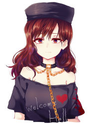Rule 34 | 1girl, bad id, bad pixiv id, bare shoulders, black shirt, chain, clothes writing, collar, collarbone, gold chain, heart, hecatia lapislazuli, highres, off-shoulder shirt, off shoulder, red eyes, red hair, shirt, short sleeves, simple background, solo, touhou, upper body, uranaishi (miraura), white background