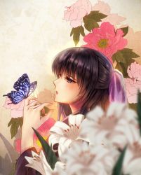Rule 34 | 1girl, black eyes, black hair, blurry, bug, butterfly, butterfly on hand, depth of field, flower, half updo, insect, izumi (stardustalone), japanese clothes, kimono, lily (flower), long hair, parted lips, pink flower, profile, renri no chigiri wo kimi to shiru, solo, upper body, white flower