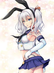 Rule 34 | 1girl, ass, black neckerchief, black panties, blue eyes, blue sailor collar, blue skirt, breasts, butt crack, buttons, commentary request, cosplay, crop top, double-breasted, elbow gloves, gloves, highleg, highleg panties, highres, kantai collection, kashima (kancolle), large breasts, long hair, microskirt, miniskirt, neckerchief, panties, pleated skirt, rensouhou-chan, sailor collar, shimakaze (kancolle), shimakaze (kancolle) (cosplay), shirt, sidelocks, skirt, sleeveless, sleeveless shirt, solo, twintails, underwear, wavy hair, white gloves, white hair, yashin (yasinz)