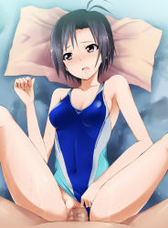 Rule 34 | 1girl, antenna hair, black eyes, black hair, blush, breasts, censored, cleavage, clothed sex, clothing aside, competition swimsuit, covered navel, hetero, highres, idolmaster, idolmaster (classic), kaiga, kikuchi makoto, long legs, looking away, mosaic censoring, one-piece swimsuit, penis, petite, sex, short hair, solo focus, swimsuit, swimsuit aside, vaginal, wet