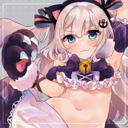 Rule 34 | &gt;:(, 1girl, anchor hair ornament, animal ears, animal hands, apron, arm up, armpits, azur lane, bell, blue eyes, bow, bowtie, cat ears, cat paws, claws, commentary request, detached sleeves, eyes visible through hair, fake animal ears, gloves, hair between eyes, hair bow, hair ornament, hair ribbon, hairband, hammann (azur lane), hammann (hammanyan pawnch!) (azur lane), highres, long hair, looking at viewer, maid apron, midriff, navel, paw gloves, ribbon, sidelocks, silver hair, simple background, solo, takumi mizuki, tears, two side up, v-shaped eyebrows