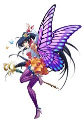 Rule 34 | 1girl, absurdres, backless outfit, blue hair, bug, butterfly, butterfly wings, detached sleeves, floating hair, flower, full body, hair flower, hair ornament, high heels, highres, holding, holding staff, insect, insect wings, jessica (langrisser), langrisser, layered skirt, leg up, long hair, long sleeves, miniskirt, official art, ponytail, purple thighhighs, rose, skirt, solo, staff, striped clothes, striped thighhighs, thighhighs, transparent background, vertical-striped clothes, vertical-striped thighhighs, very long hair, white sleeves, wings, yellow flower, yellow rose, zettai ryouiki