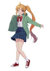 Rule 34 | 1girl, absurdres, blonde hair, blue skirt, bocchi the rock!, bow, carlo montie, collared shirt, full body, green jacket, grin, highres, ijichi nijika, jacket, long hair, looking at viewer, one eye closed, pleated skirt, red bow, red eyes, red footwear, school uniform, shimokitazawa high school uniform, shirt, shoes, side ponytail, simple background, skirt, smile, sneakers, solo, standing, white background, white shirt