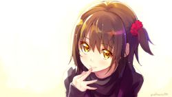 Rule 34 | 1girl, akino sora, brown hair, commentary request, copyright request, finger to mouth, hair ornament, hair scrunchie, long sleeves, looking at viewer, one side up, outline, scrunchie, sleeves past wrists, smile, solo, twitter username, upper body, yellow eyes, yellow outline