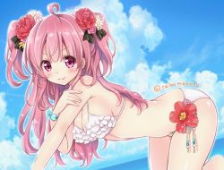 Rule 34 | &gt;:), 1girl, ahoge, all fours, bad id, bad twitter id, bikini, blush, bracelet, breasts, cloud, cloudy sky, commentary request, day, flower, frilled bikini, frills, hair flower, hair ornament, hand on own shoulder, jewelry, long hair, looking at viewer, original, pink eyes, pink hair, sakurai makoto (custom size), side-tie bikini bottom, sky, solo, swimsuit, twitter username, two side up, v-shaped eyebrows