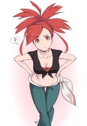 Rule 34 | 1girl, :&lt;, ?, black shirt, blush, breasts, bright pupils, cleavage, closed mouth, collarbone, commentary, creatures (company), crossed legs, english commentary, eyelashes, flannery (pokemon), game freak, green pants, hair tie, hands on own hips, highres, leaning forward, long hair, looking at viewer, midriff, milka (milk4ppl), navel, nintendo, pants, pokemon, pokemon oras, ponytail, red eyes, red hair, shirt, signature, solo, spoken question mark, thigh gap, tied shirt, white pupils