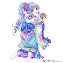 Rule 34 | 1girl, blue bow, blue eyes, blue hair, blush, bow, company name, copyright name, feet, floral print, from behind, full body, hair ornament, holding, kneeling, long hair, looking at viewer, looking back, matching hair/eyes, moyon, no shoes, official art, open mouth, ponytail, sangoku infinity, simple background, soles, solo, white background, white legwear, wide sleeves