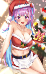 Rule 34 | 1girl, :d, absurdres, ahoge, anchor ornament, apron, bare shoulders, bell, belt, belt buckle, blue hair, blurry, blurry background, blush, bobblehat, bow, breasts, buckle, christmas tree, cleavage, collarbone, crop top, depth of field, dutch angle, frilled apron, frills, fur-trimmed gloves, fur-trimmed headwear, fur-trimmed skirt, fur trim, gloves, hat, highres, hololive, large breasts, long hair, looking at viewer, minato aqua, miniskirt, multicolored hair, navel, open mouth, pink bow, purple eyes, purple hair, red gloves, red hat, red skirt, santa gloves, santa hat, shiroserika, skirt, smile, solo, stomach, thighhighs, thighs, twintails, two-tone hair, very long hair, virtual youtuber, waist apron, white apron