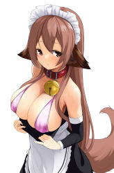 Rule 34 | 1girl, animal ears, apron, bad id, bad pixiv id, bell, bikini, bikini top only, blush, breasts, breasts out, brown eyes, brown hair, cleavage, collar, commentary request, dog ears, dog tail, highres, jingle bell, large breasts, long hair, looking at viewer, maid, maid headdress, micro bikini, neck bell, original, simple background, solo, swimsuit, tail, white background, zarashi