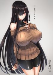 Rule 34 | 1girl, bare shoulders, bike shorts, black hair, blush, breasts, covered erect nipples, hair ornament, hair over one eye, hairclip, huge breasts, impossible clothes, long hair, looking at viewer, mugenshiki, original, parted lips, red eyes, ribbed sweater, solo, sweater, very long hair