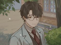 Rule 34 | 1boy, brown hair, brown sweater, building, bush, chigusa masamitsu, closed mouth, commentary request, curtained hair, falling petals, glasses, grey jacket, hide tani, highres, hira hira hihiru, jacket, leaf, looking at viewer, male focus, necktie, open clothes, open jacket, orange eyes, outdoors, petals, red necktie, round eyewear, shirt, short hair, smile, solo, sweater, tree, upper body, white shirt, window
