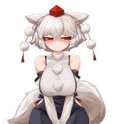 Rule 34 | 1girl, absurdres, animal ears, bare shoulders, blush, breasts, closed mouth, commentary, detached sleeves, hat, highres, inubashiri momiji, korean commentary, large breasts, looking to the side, pom pom (clothes), red eyes, red hat, short eyebrows, simple background, solo, tail, tokin hat, touhou, v arms, virtus, white background, wolf ears, wolf girl, wolf tail