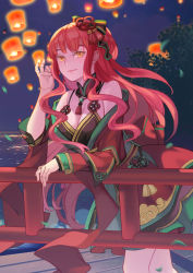 Rule 34 | 1girl, air (air end), bare shoulders, blush, breasts, cleavage, closed mouth, cowboy shot, detached collar, detached sleeves, dress, hair ornament, lampion, long hair, long sleeves, looking at viewer, medium breasts, night, railing, red dress, red hair, romance of the three kingdoms, smile, solo, yellow eyes