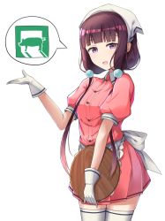Rule 34 | 1girl, absurdres, blend s, blunt bangs, brown hair, check commentary, commentary request, gloves, head scarf, highres, holding, holding tray, looking at viewer, low twintails, pig, puffy short sleeves, puffy sleeves, purple eyes, sakuranomiya maika, short sleeves, solo, speech bubble, stile uniform, tamusuguru, thighhighs, tray, twintails, waitress, white background, white gloves, white thighhighs