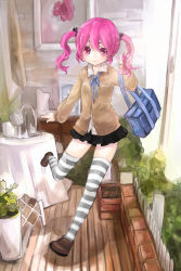 Rule 34 | 1girl, amy (grand chase), amy aruha, bag, grand chase, highres, leg lift, long hair, naive (day), pink eyes, pink hair, ribbon, school bag, school uniform, solo, striped clothes, striped thighhighs, thighhighs, twintails