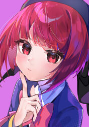 Rule 34 | 1girl, absurdres, arima kana, beret, black bow, blue hat, blue jacket, blunt bangs, blush, bob cut, bow, bowtie, closed mouth, collared shirt, commentary, finger to cheek, hat, hat bow, highres, inverted bob, jacket, kouhiipan, long sleeves, looking at viewer, medium hair, oshi no ko, pink bow, pink bowtie, purple background, red eyes, red hair, school uniform, screentones, shirt, simple background, solo, upper body, white shirt, youtou high school uniform