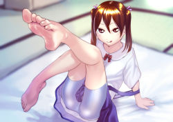 Rule 34 | 1girl, arm support, barefoot, bike shorts, brown eyes, brown hair, feet, foot focus, futon, hair ribbon, leg up, licking lips, long hair, looking at viewer, pov, ribbon, sitting, unworn socks, soles, toes, tongue, tongue out, twintails