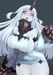 Rule 34 | 1girl, absurdres, abyssal ship, breasts, claws, detached sleeves, dress, fang, highres, horns, kantai collection, large breasts, long hair, open mouth, pale skin, red eyes, ribbed dress, s0929 tw, seaport princess, short dress, single horn, solo, sweater, sweater dress, very long hair, white hair