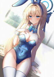 Rule 34 | 1girl, amagami (makise tsubaki), animal ears, bare shoulders, blonde hair, blue archive, blue bow, blue bowtie, blue eyes, blue halo, blush, bow, bowtie, braid, breast suppress, breasts, cleavage, closed mouth, commentary request, covered navel, cowboy shot, detached collar, fake animal ears, french braid, hair bow, hair intakes, hair ribbon, halo, head tilt, highleg, highleg leotard, highres, leotard, light frown, long hair, looking at viewer, medium breasts, playboy bunny, rabbit ears, ribbon, sitting, strapless, strapless leotard, thighhighs, toki (blue archive), toki (bunny) (blue archive), traditional bowtie, tsurime, very long hair, white thighhighs, wrist cuffs
