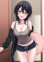 Rule 34 | 1girl, :d, absurdres, bare shoulders, black hair, black jacket, black shorts, blue hair, breasts, cleavage, collarbone, colored tips, cowboy shot, crop top, dolphin shorts, door, doorknob, drawstring, gradient hair, grey tank top, hair between eyes, highres, holding, holding pillow, indoors, jacket, looking at viewer, medium breasts, medium hair, midriff, multicolored hair, off shoulder, open clothes, open jacket, open mouth, original, pillow, rama (yu-light8), short shorts, shorts, sidelocks, smile, solo, standing, tank top, teeth, thighs, upper teeth only, yellow eyes