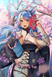 Rule 34 | 1girl, animal ear fluff, animal ears, black kimono, blue eyes, blue hair, blue sky, breasts, cherry blossoms, cleavage, cleavage cutout, clothing cutout, flower, hair flower, hair ornament, hand fan, hand on own hip, highres, hip vent, holding, holding fan, japanese clothes, kimono, large breasts, long hair, looking at viewer, multicolored hair, nail polish, navel cutout, open mouth, paper fan, pink flower, pink hair, pink nails, silvervale, silvervale (sakura goddess), sky, solo, streaked hair, swept bangs, tree, valfer, virtual youtuber, vshojo, wolf ears, wolf girl