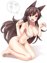 Rule 34 | 1girl, animal ears, barefoot, bikini, blush, breasts, brown hair, claw pose, cleavage, collarbone, fang, full body, hair between eyes, highres, imaizumi kagerou, long hair, midriff, mono (moiky), open mouth, red eyes, simple background, solo, speech bubble, sweat, swimsuit, touhou, white background, white bikini, wolf ears, wolf girl