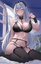 Rule 34 | 1girl, between breasts, black bra, black hairband, black panties, black thighhighs, blue bow, blush, bow, bra, breasts, choker, cleavage, curtains, garter belt, grey eyes, grey hair, hair between eyes, hairband, highres, indoors, lace, lace-trimmed bra, lace trim, large breasts, lingerie, long hair, looking at viewer, navel, no shoes, on bed, original, panties, parted lips, sg (satoumogumogu), sitting, solo, stomach, strap between breasts, strap lift, sweat, thighhighs, underwear, very long hair, wariza, window, wrist cuffs