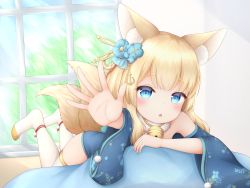 Rule 34 | 1girl, absurdres, animal ears, azur lane, bell, blue kimono, blush, boots, floral print, fox ears, fox tail, hair between eyes, highres, indoors, japanese clothes, jingle bell, kimono, kitsune, looking at viewer, lying, multiple tails, niizuki (azur lane), off shoulder, on stomach, solo, sunlight, tail, thick eyebrows, thigh boots, thighhighs, vldjm13, white footwear, window