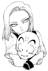 Rule 34 | 1boy, 1girl, android 18, bald, blonde hair, blush, couple, dragon ball, dragonball z, earrings, highres, hug, hug from behind, jewelry, kuririn, monochrome, necklace jewelry, nervous, tagme
